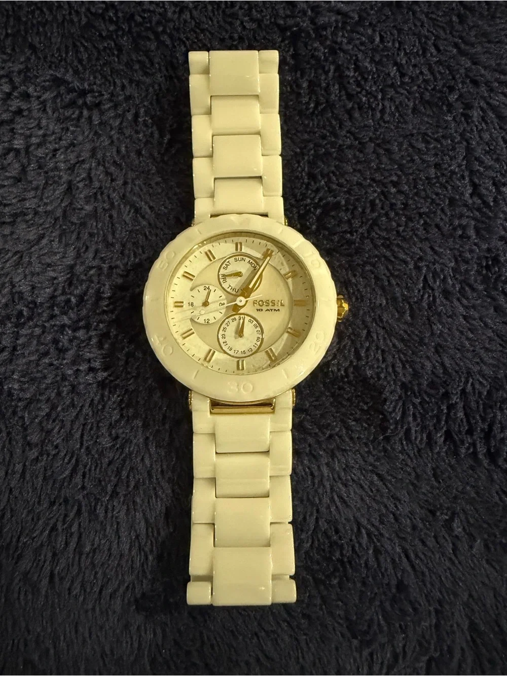 Fossil Women's Cream Ceramic Link Chronograph Watch with Gold Accents